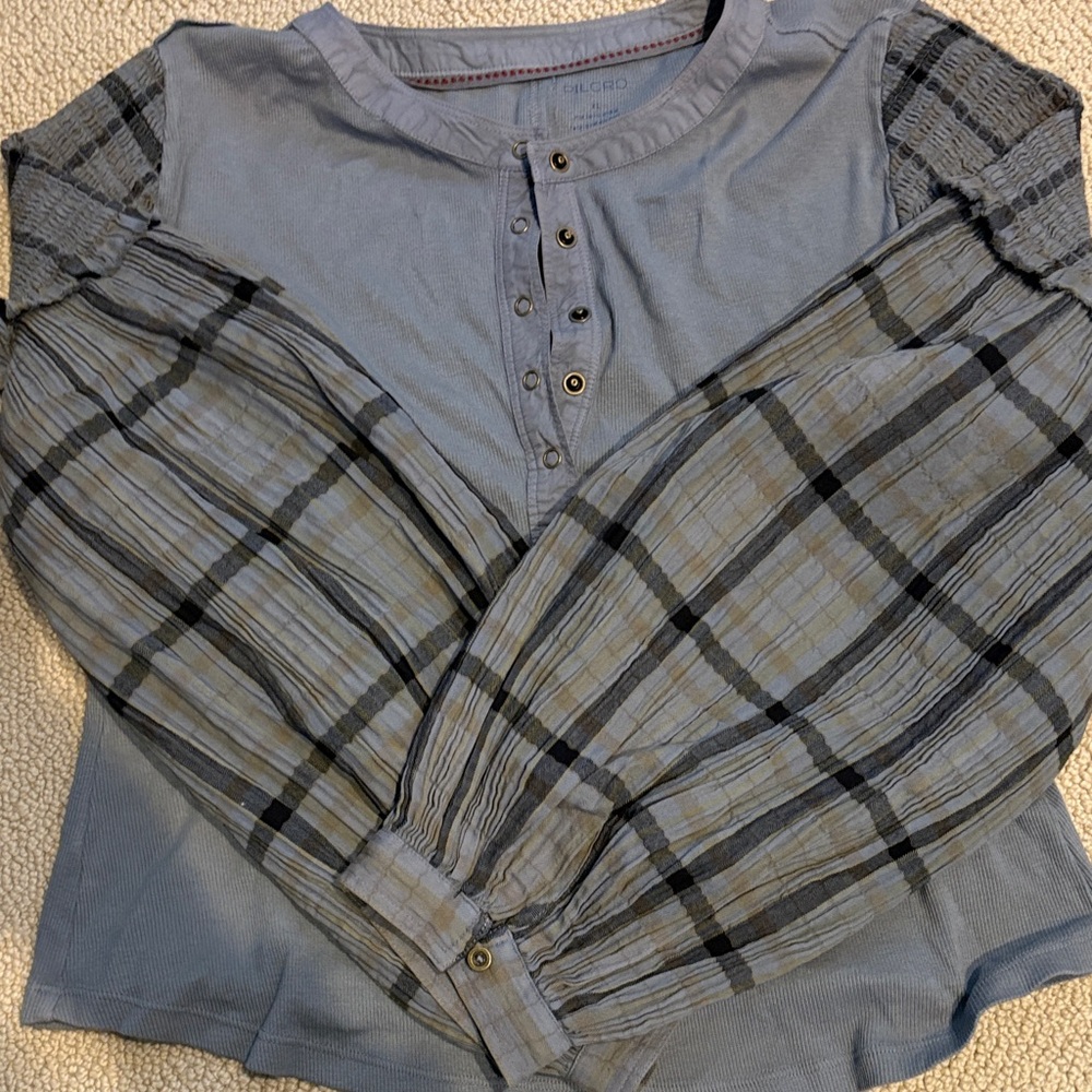 Pilcro Blue Plaid Sleeve Blouse